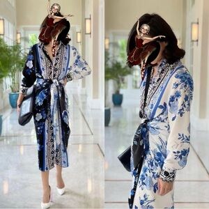 Blue and White Floral Robe Dress with Kimono Sleeves